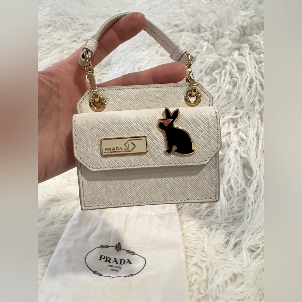 Prada White Mini Bag Saffiano Leather Rabbit Charm AUTHENTIC
